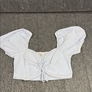 Cefian Chic Blue and White Striped Puff Sleeve Blouse